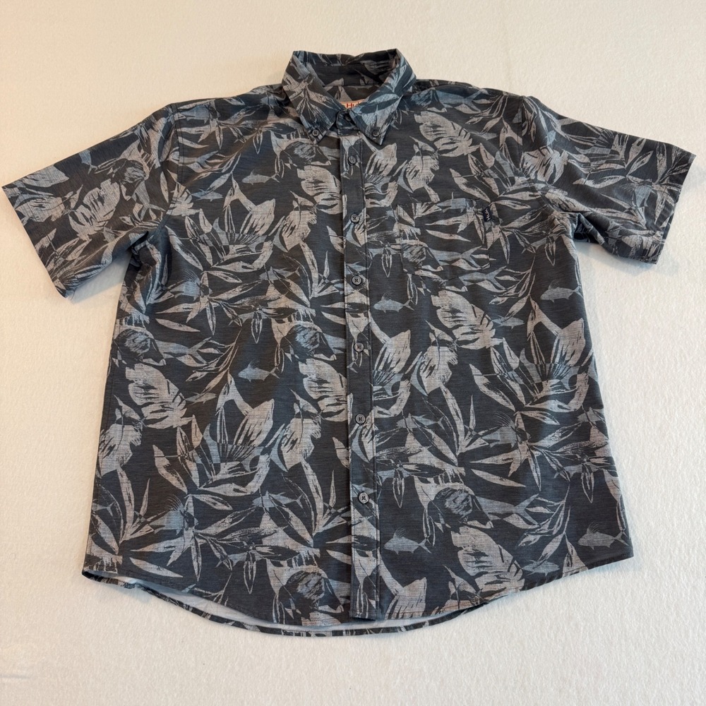 Huk Fishing Shirt‎ Mens Large Grey Tropical Leaf Print Short Sleeve Button Down